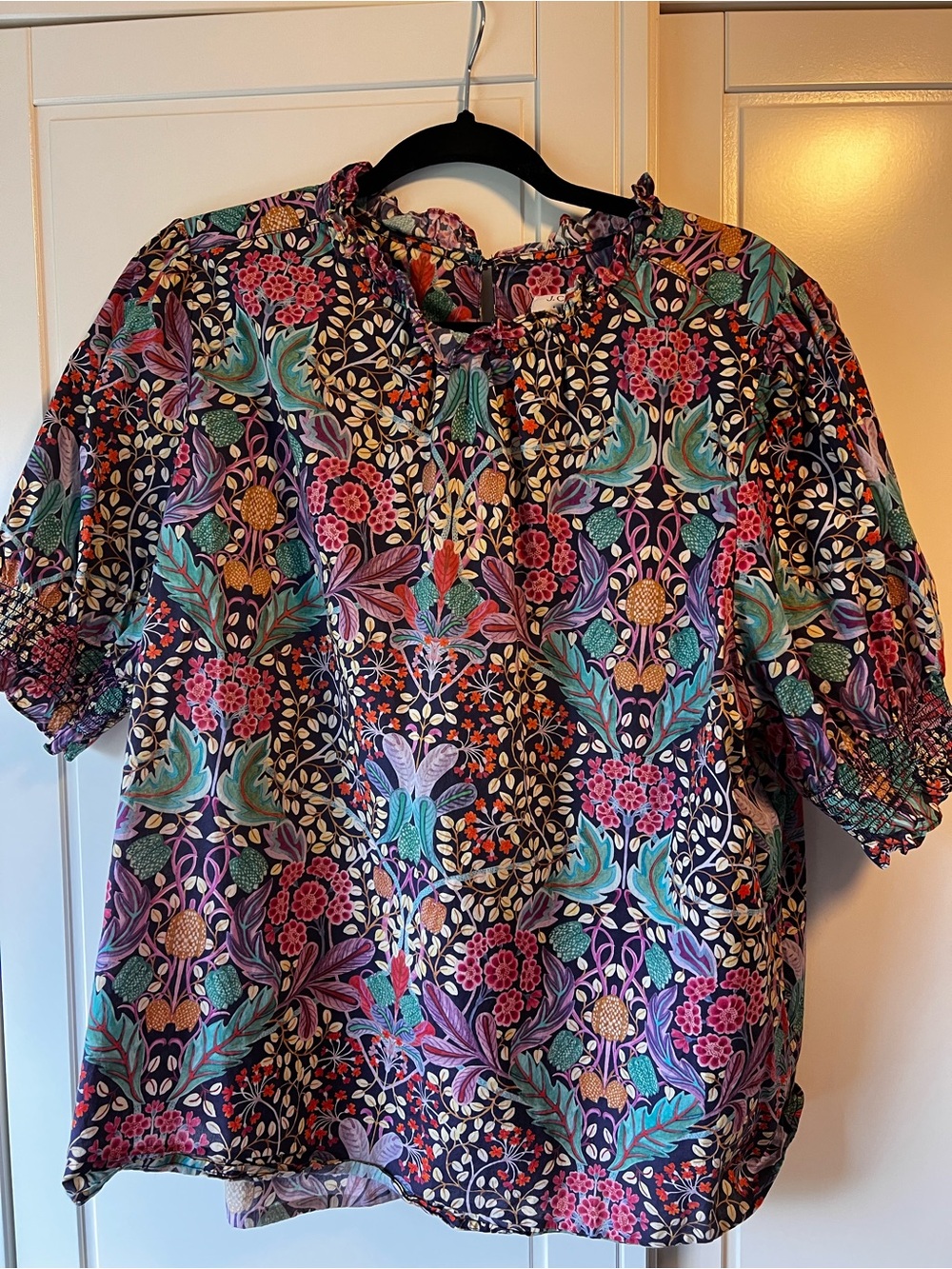 J. Crew Floral-print Peasant Blouse - Navy with Teal & Pink